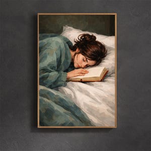 Sleeping Reader Framed Canvas Wall Art, Woman Falling Asleep with Book Painting, Cozy Reading Bedroom Decor, Vintage Book Lover Gift