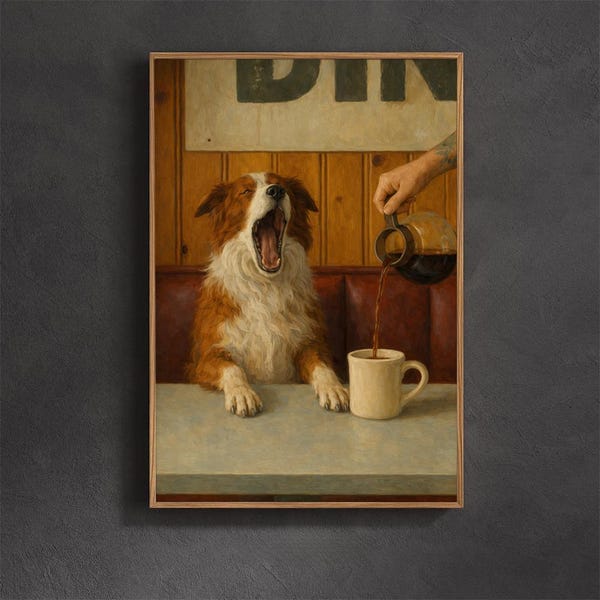 Funny Coffee Dog Framed Canvas Wall Art, Yawning Dog Coffee Painting, Rustic Kitchen Decor, Vintage Animal Artwork, Gift for Coffee Lovers