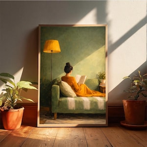 May include: A framed art print depicts a person reading on a green striped couch. The person is wearing an orange dress, and a yellow lamp illuminates the scene. The artwork is set against a green wall, with potted plants on the floor.