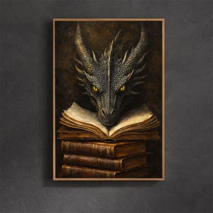 May include: A vertical wall art print featuring a dark, textured dragon head with piercing yellow eyes positioned directly above an open book, which rests atop a stack of three weathered, brown leather-bound antique books with gold lettering.