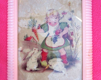 Pink Nursery print art decor plastic pink frame little girl holding carrot for rabbits 8 1/2" by 6 1/2"  Vintage 1950's-60's