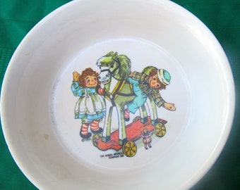 Raggedy Ann and Andy melamine cereal bowl childrens' kids eating serving plastic dinnerware dish Raggedys Rocking horse 1969