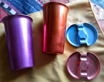 Vintage Aluminum glasses and ashtrays purple gold blue Heller Hostess ware Colorama made in Italy 2 of each