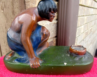 Vintage incense holder Native American figure campfire pot for cone shape incense chalkware old used collectible southwestern Indian