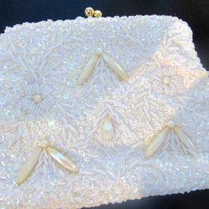White evening bag clutch with gold chain handle formal wedding party dressy shiny sequins beads satin lined small inside pocket