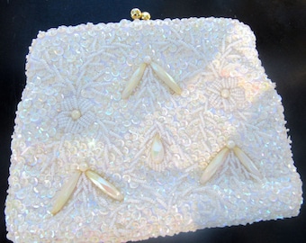 White evening bag clutch with gold chain handle formal wedding party shiny sequins beads satin lined small inside pocket