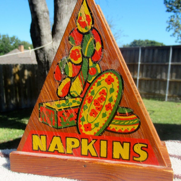 Vintage wooden napkin holder handmade brown wood triangle shape red yellow green decal Southwestern native American Mexican design Used