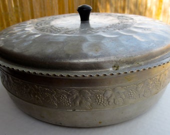 Hammered Aluminum bowl with lid fruit flowers leaves grapes design Vintage decor serving hand forged