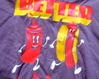 Vintage Hot Dog ketchup tee shirt youth large Sz 14-16 purple, yellow, red Lands End  "Better Catchup" fun used comfortable