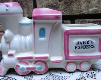 Vintage Baby Nursery train planter storage ceramic Express by Napco Japan pink white blue pastel glazed container decor infant shower gift