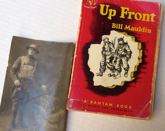 Vintage book "Up Front" by Bill Mauldin paperback 1945-47 WWII cartoons and humor American GI's soldiers military and WWI soldier postcard