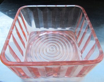 Pink square glass bowl depression era by Jeannette Glass Co., Jennyware serving food storage jewelry trinkets bath cosmetics dresser vanity