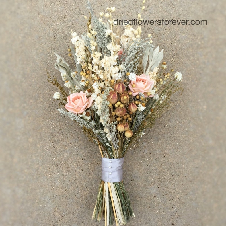 Peach Dried Flower Wedding Bouquet-Bridal-Pale Pink-Blush-Vintage-Ships out in 5-7 days from WI 