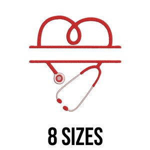 May include: Red heart-shaped design with a horizontal line for personalization and a stethoscope. The stethoscope has a silver tube and red earpieces. The text "8 SIZES" is displayed in black, bold font below the design.
