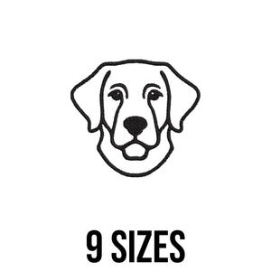 May include: A black and white line drawing of a Labrador Retriever's face. The text "9 SIZES" is printed in a bold, black font below the dog's head, indicating the availability of different sizes.