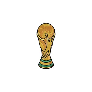 May include: A gold-colored embroidered patch depicting a trophy with a spherical top featuring a world map design, supported by two stylized figures reaching upward, with a base accented by two horizontal green stripes and a black border.