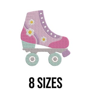 May include: A pastel-colored roller skate design with a pink toe, lavender boot, and mint green wheels. The skate is decorated with small white and yellow flower accents. The text "8 SIZES" is displayed in black below the skate.