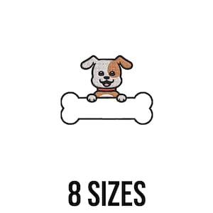 May include: A cartoon dog with brown and white fur peeks over a white bone-shaped sign. The dog has a red collar and a happy expression. Below the image, the text reads "8 SIZES" in bold black font.