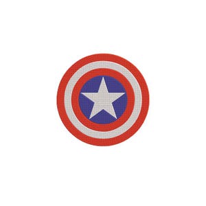 May include: A circular embroidered patch featuring a red outer ring, a white middle ring, and a blue center circle containing a large white five-pointed star. The design is flat and symmetrical, with a visible fabric texture throughout the surface.