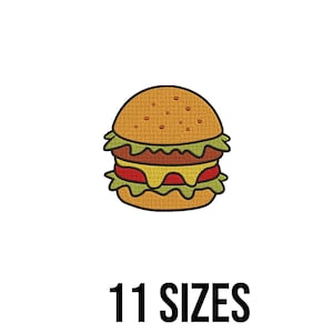 Puede incluir: Diseño bordado de hamburguesa con pan de sésamo, lechuga, tomate, queso y una hamburguesa. El texto "11 TAMAÑOS" se muestra debajo. Adecuado para varios proyectos de manualidades.