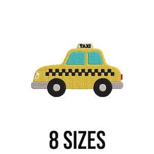 May include: Yellow taxi cab embroidery design with black checkered detailing, blue windows, and the word "TAXI" on top. The image also includes the text "8 SIZES" in black.