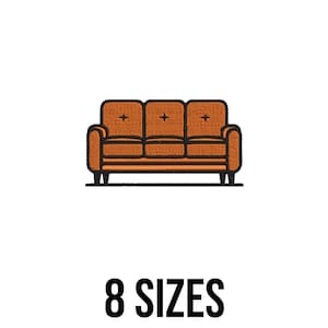 May include: An illustration of an orange three-seater sofa with black outlines and legs. The sofa features a classic design with a button-tufted back. The text "8 SIZES" is displayed in a bold, black font below the sofa.