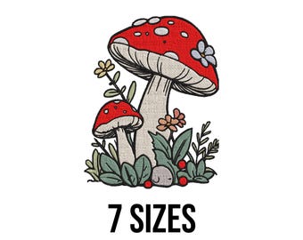 Floral Mushroom Embroidery Design- Wild Mushroom Embroidery Design- Mushroom with Flowers and Grass Machine Embroidery Design Files -7 Sizes