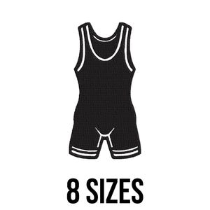 May include: Black wrestling singlet with white trim, displayed on a white background. The text "8 SIZES" is below the singlet. The singlet is a one-piece garment with a tank top style and shorts.