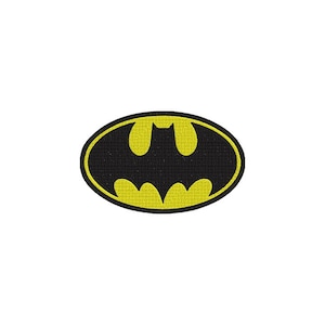 May include: An oval-shaped embroidered patch featuring a black bat silhouette centered on a bright yellow background, enclosed by a thin black border. The design is flat and symmetrical, showcasing a classic comic book character emblem.