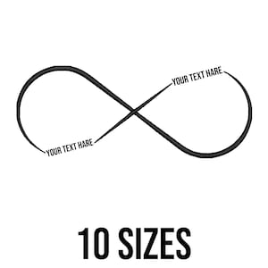 May include: Black infinity symbol with the text "YOUR TEXT HARE" on each side, and the words "10 SIZES" in bold, black font at the bottom. The image is set against a white background.