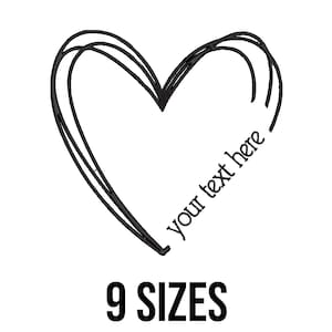 May include: A black, hand-drawn heart shape with the text "your text here" and the words "9 SIZES" in a bold font. The heart is composed of several curved lines, creating a sketched appearance against a white background.