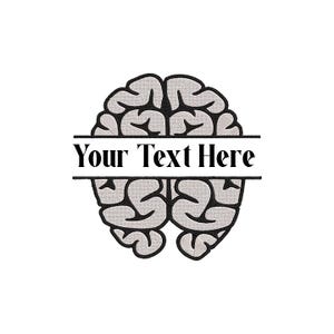 Może przedstawiać: Wzór haftu przedstawiający stylizowany szary mózg podzielony poziomo czarną linią. Tekst Your Text Here jest wyśrodkowany na czarno w poziomie. Mózg posiada czarny kontur oraz szczegółowe szare przeszycia wykonane techniką haftu.
