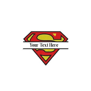 May include: A diamond-shaped embroidered patch featuring a red and yellow superhero-style emblem with a horizontal white banner across the center. The text Your Text Here is printed in black serif font on the white banner with a black border.