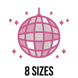 May include: Embroidered design of a pink and white disco ball, surrounded by eight starbursts. The text "8 SIZES" is displayed in black, below the disco ball.