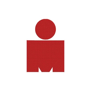 Peut inclure: Un écusson brodé rouge représentant une silhouette stylisée composée d'une tête circulaire pleine placée au-dessus d'un torse rectangulaire avec une découpe triangulaire centrale sur le bord inférieur, formant un motif géométrique.