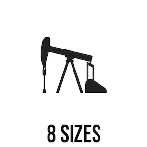 May include: A black silhouette of an oil pump jack against a white background. The text "8 SIZES" is displayed in bold, black font below the pump jack image. The image is simple and graphic.