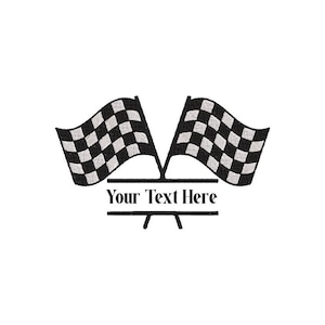 May include: An embroidered design featuring two crossed black and white checkered racing flags positioned above a horizontal black line. Below the line, the text Your Text Here is centered, followed by another horizontal black line.