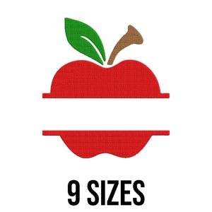 May include: A red apple design with a green leaf and brown stem, featuring a horizontal space for personalization. The text "9 SIZES" is displayed in black below the apple. This design is suitable for various crafting projects.