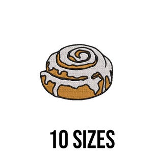 May include: An embroidered patch featuring a cinnamon roll design with white icing and a brown swirl. The text "10 SIZES" is displayed in black, indicating the availability of the design in multiple sizes. The patch is set against a white backdrop.