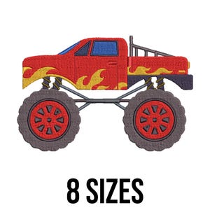 May include: Embroidered red monster truck with yellow flames, large gray wheels, and a black text that reads "8 SIZES". The truck has a detailed design, perfect for embroidery projects.