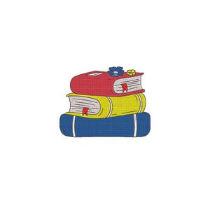May include: An embroidered patch featuring a stack of three books. The top book is red with a blue and yellow flower, the middle book is yellow, and the bottom book is blue. Each book has visible pages and a small red bookmark ribbon extending out.