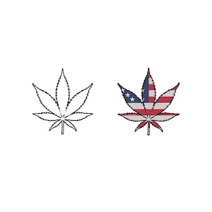 Op de afbeelding: Twee cannabisbladontwerpen. Eén is een zwarte omtrek, de andere is een blad met het ontwerp van de Amerikaanse vlag. Het vlagontwerp heeft rode en witte strepen met blauwe en witte sterren.