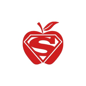 May include: A red embroidered patch featuring the shape of an apple with a single leaf at the top. Inside the apple shape is a diamond-shaped emblem containing a large letter S, designed with the distinct style of a superhero logo.