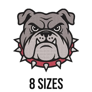 May include: A detailed illustration of a bulldog's head, featuring a gray and white color scheme with a red collar adorned with spikes. The text "8 SIZES" is displayed in bold black font below the bulldog.