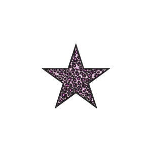May include: A five-pointed star with a black outline. The star's interior features a pink and black leopard print pattern. The background is plain white.