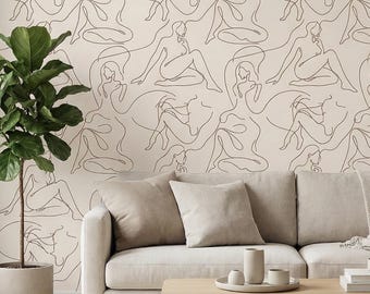 Female Abstract Wallpaper, Removable Mid Century Mural Line Art Wall Paper, Peel and Stick - Non Woven - Vinyl