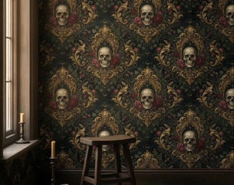 Dark Skull Peel and Stick Mural Gothic Vintage Floral Removable Wallpaper