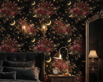 Papel pintado floral celestial nocturno con cielo estrellado, autoadhesivo y removible.