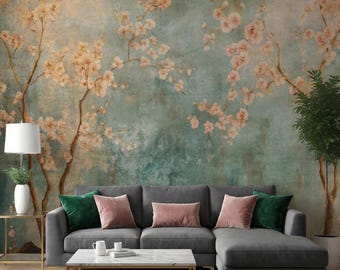 Japanese Cherry Blossom Wallpaper Mural: Vintage Botanical Floral Wall Art, Peel and Stick - Non Woven - Vinyl