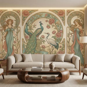 Carta da parati Art Nouveau con pavone, murale floreale con gru, decorazione murale adesiva